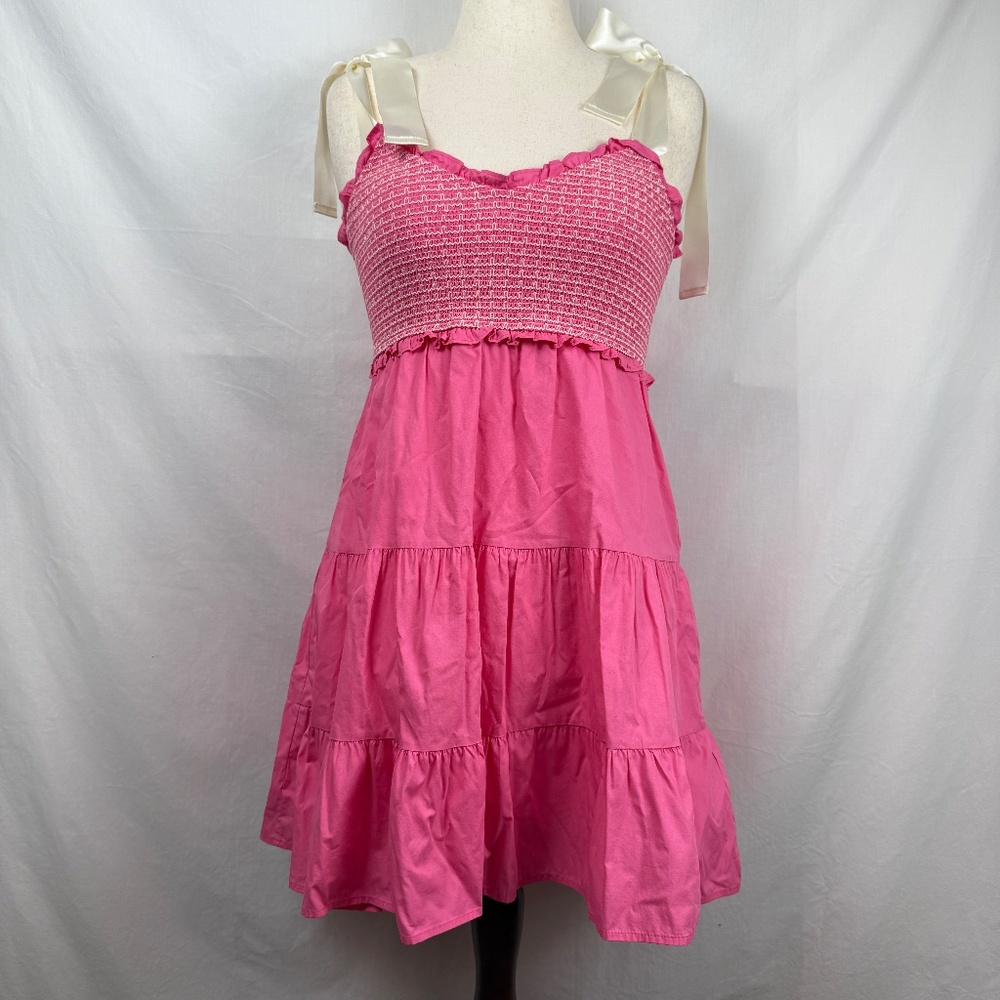 Altar'd State Pink Smocked Mini Dress Layered Skirt Ribbon Ties Size M Cruise